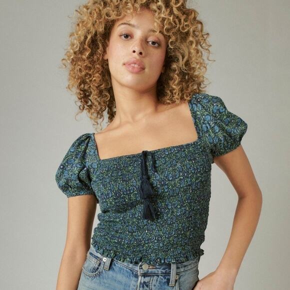 Lucky Brand Smocked Short Sleeve Square Neck Puff Sleeve Top Boho Chic Sz L NWT - Picture 2 of 10